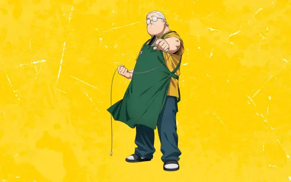 Sakamoto Days 4K Ultra HD PC desktop wallpaper: sturdy man in glasses and a green apron with a child leaning on his shoulder, set against a vibrant textured yellow background.