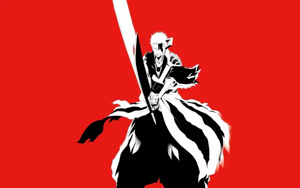 Bleach: Thousand-Year Blood War 4K Ultra HD PC desktop wallpaper — stark black-and-white silhouette of Ichigo wielding a long sword against a bold red background.