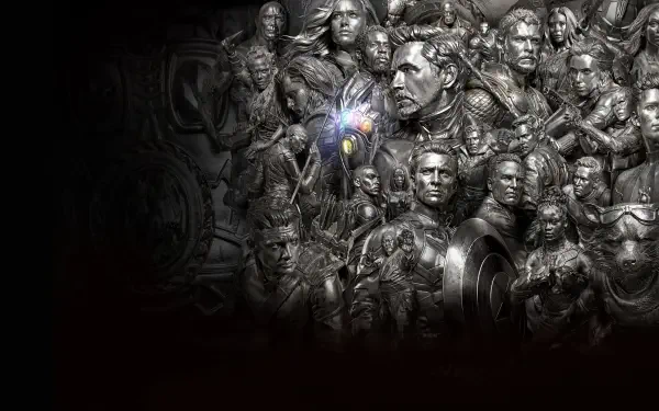 Avengers EndGame 4K Ultra HD PC desktop wallpaper — sculpted grayscale collage of Avengers heroes clustered around a glowing Infinity Gauntlet set against a dark, dramatic background.