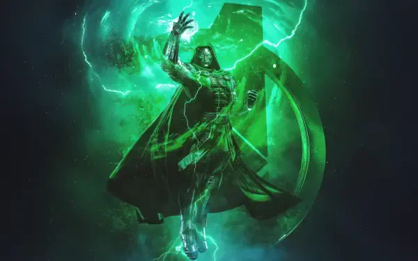 4K Ultra HD PC desktop wallpaper: Doctor Doom levitates in a storm of green energy before a cracked Avengers emblem — Avengers: Doomsday artwork.