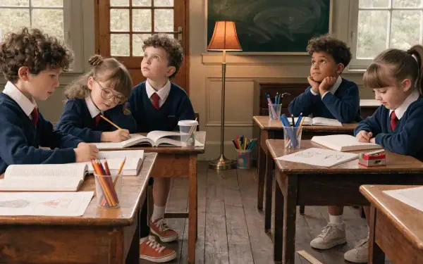 Cute school classroom scene: five students in uniform at wooden desks with books, pencils, chalkboard and lamp — 2K Quad HD PC desktop wallpaper.