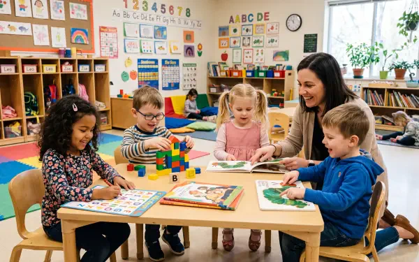 Cute school classroom 5K Ultra HD PC desktop wallpaper: a teacher reads while four young students play with blocks and puzzles at a bright, colorful elementary classroom table.