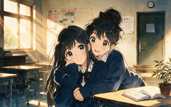 2K Quad HD PC desktop wallpaper — anime school aesthetic: two schoolgirls in navy uniforms hug at a sunlit classroom desk, open book on the table.
