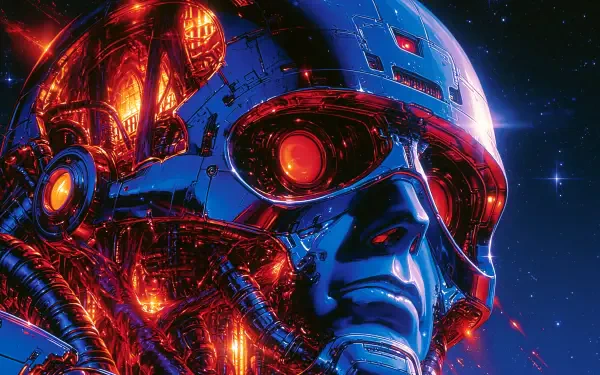 Sci-Fi 2K Quad HD PC desktop wallpaper: close-up of a glowing red and blue robot cyborg/android face with exposed circuitry and a mechanical eye against a starry space background.