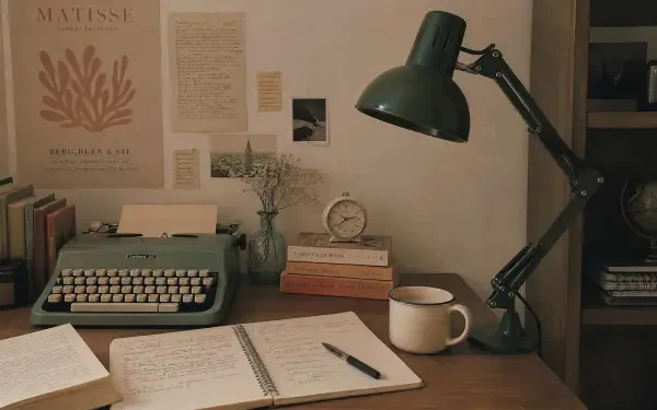 4K Ultra HD PC desktop wallpaper: cozy study aesthetic with vintage typewriter, angled desk lamp, open notebook and pen on wooden desk beside mug and stacked books.