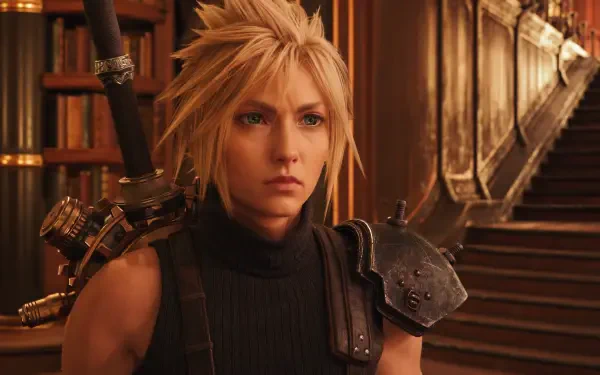 Cloud Strife close-up in armor on an ornate staircase, cinematic lighting — Final Fantasy VII Rebirth 4K Ultra HD PC wallpaper