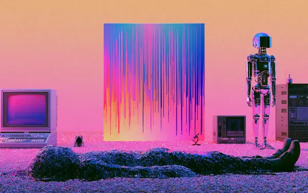 Retro-futurist 2K Quad HD PC Desktop Wallpaper and Background: glitch-neon scene with vintage computers, a standing robot and a prone human figure, exploring humanity in surreal gradients.