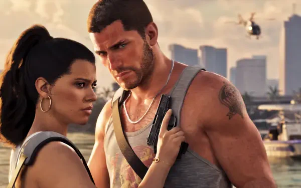 4K Ultra HD PC wallpaper from Grand Theft Auto VI video game featuring Jason and Lucia standing on a sunlit waterfront, tense and armed with helicopters and a city skyline behind them.