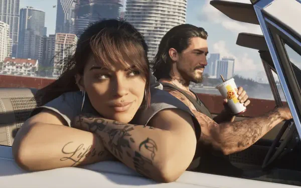 4K Ultra HD Grand Theft Auto VI / Vice City wallpaper: Lucia lounges on a car door while Jason drives past a neon skyline, tattooed arms and city high-rises in the background.