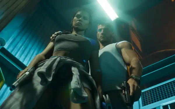 Grand Theft Auto VI 4K PC wallpaper: Jason and Lucia stand in a neon stairwell, guns drawn, a gritty video game duo for a desktop background.