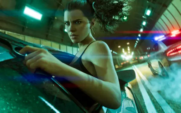 Lucia from Grand Theft Auto VI leans on a car in a neon-lit tunnel chase — woman character, 4K Ultra HD Grand Theft Auto video game desktop wallpaper.