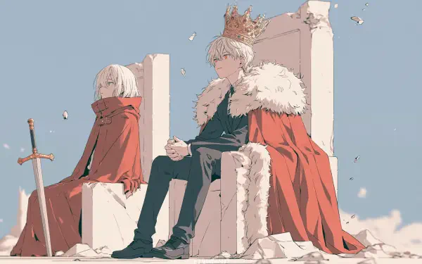 Anime 2K Quad HD PC desktop wallpaper: crowned king in a fur-lined cape on a crumbling throne, sword nearby, with a cloaked companion against a pale sky.