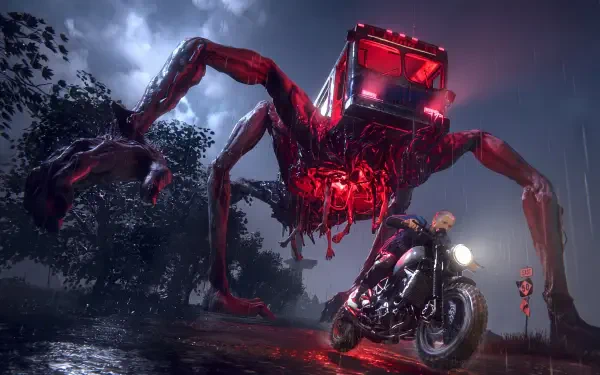 Once Human video game 4K Ultra HD PC desktop wallpaper/background — motorcyclist faces a glowing red mechanical spider in a stormy, moonlit night.