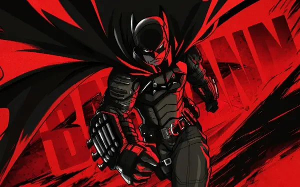 Batman in red-and-black digital art, armored with cape billowing—dynamic 4K Ultra HD PC desktop wallpaper/background featuring the iconic superhero.