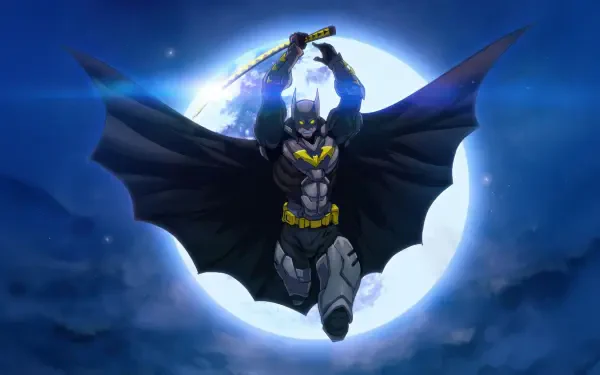 5K Ultra HD digital art PC wallpaper: Ninja Batman superhero leaps with sword before a glowing full moon, cape unfurled like wings.