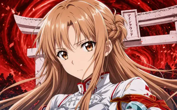 Yukki Asuna anime portrait in ornate white armor, braided auburn hair and focused expression against a swirling crimson vortex — 4K Ultra HD PC desktop wallpaper.