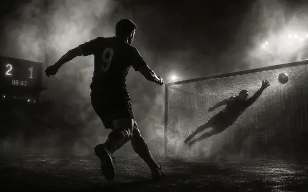4K Ultra HD PC desktop wallpaper: dramatic black-and-white soccer scene — player (#9) shoots, ball arcs toward goal as goalkeeper dives, scoreboard glowing 2-1.