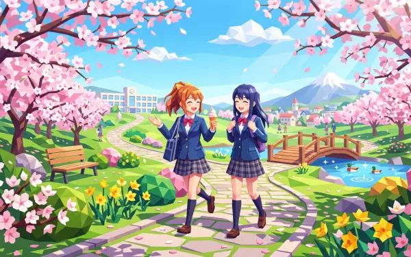 5K Ultra HD PC desktop anime wallpaper: two cheerful schoolgirls in uniforms walking under cherry blossoms through a vibrant spring campus park with benches, pond, and distant mountain.