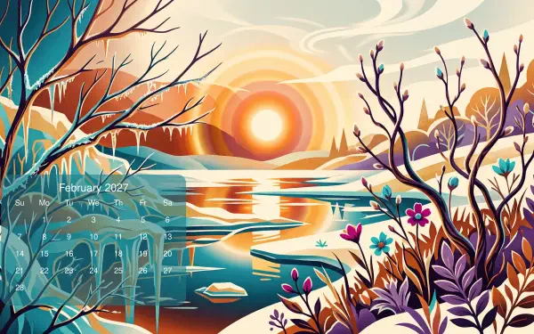 February 2027 calendar 5K Ultra HD PC desktop wallpaper: stylized winter river landscape at sunrise with icy banks, floating ice, and colorful winter foliage.