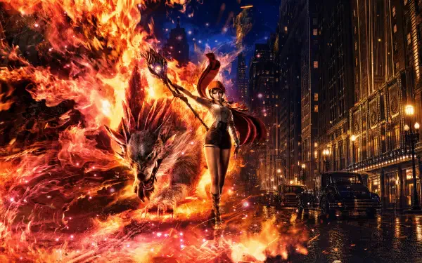 Rhapsody in Scarlet — a scarlet-clad woman raises a staff as a fiery dragon erupts beside her on a rain-slick neon city street. 4K Ultra HD PC desktop wallpaper and background.