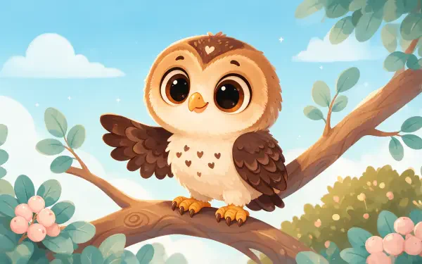 Cute owlet (owl) bird perched on a flowering branch against a sunny sky — 4K Ultra HD PC desktop wallpaper and background illustration.