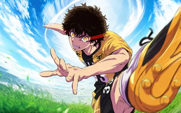 Ao Ashi — Ashito Aoi, anime boy mid-kick in a dynamic 4K Ultra HD PC desktop wallpaper with swirling sky and grassy field.