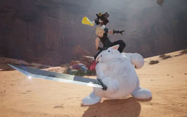 4K Ultra HD PC desktop wallpaper of Final Fantasy VII: Cloud Strife perched on Cait Sith’s plush body, giant sword drawn against a sunlit desert backdrop.