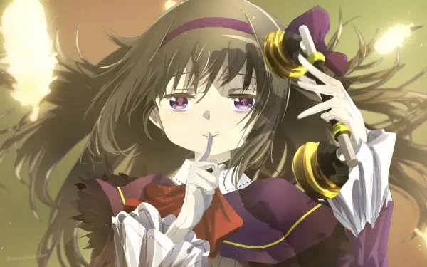 HD anime desktop wallpaper of Homura Akemi from Mahou Shoujo Madoka☆Magica — purple-eyed Homura shushing, flowing hair and ribbons against a warm, glowing bokeh background.