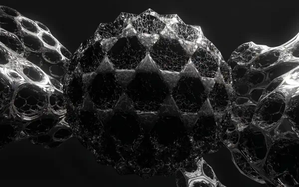 Black aesthetic abstract 4K desktop wallpaper showing a glossy geometric sphere with tessellated triangular facets connected to organic lattice forms against a dark background.