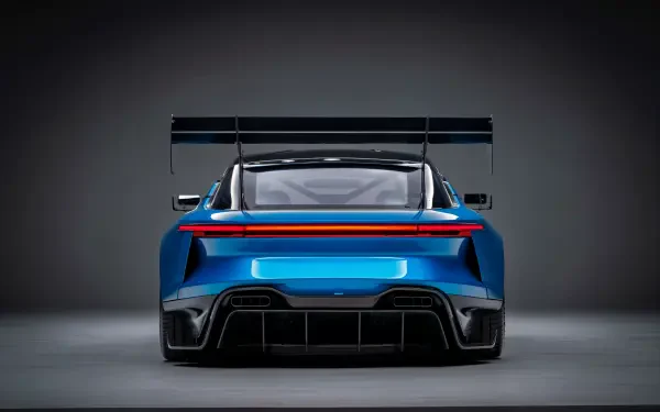 Rear view of a blue Jensen Interceptor GTX sports car with an oversized spoiler (Spoiler, DC Comics), rendered as a 4K Ultra HD PC desktop wallpaper.
