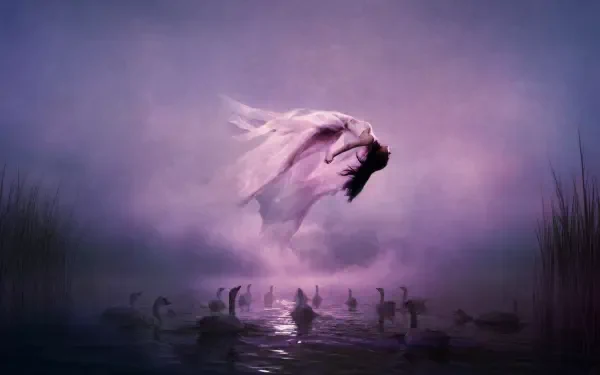 4K Ultra HD PC desktop wallpaper: Jennie as a spectral fallen angel — a ghostly woman spirit hovering above misty water with swans against a purple-pink atmospheric background.