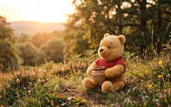 Winnie the Pooh plush teddy bear sits in a sunlit meadow clutching a honey pot, 5K Ultra HD PC desktop wallpaper background.