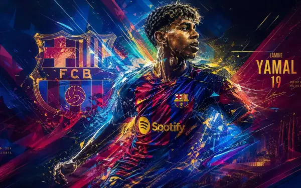 4K Ultra HD PC wallpaper: dynamic digital portrait of an FC Barcelona soccer player in club kit (No.19), club crest and Spotify sponsor amid vivid neon brushstrokes and motion effects.