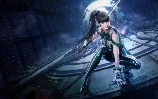 Stellar Blade video game heroine crouches on a futuristic ship interior, ready to strike; dynamic 4K Ultra HD PC desktop wallpaper and background with neon blue lighting.