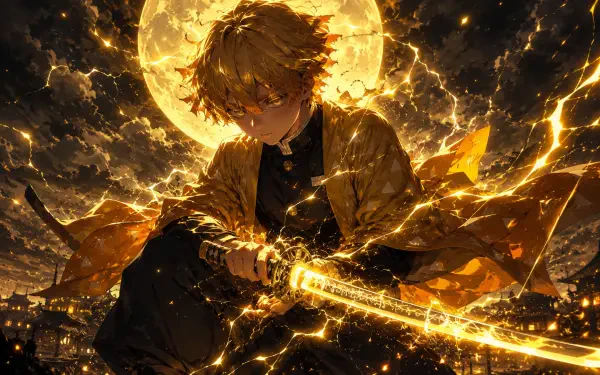 Zenitsu Agatsuma (Anime) 4K Ultra HD PC desktop wallpaper: crouched beneath a full moon, glowing golden lightning envelops his haori and katana over a night cityscape.