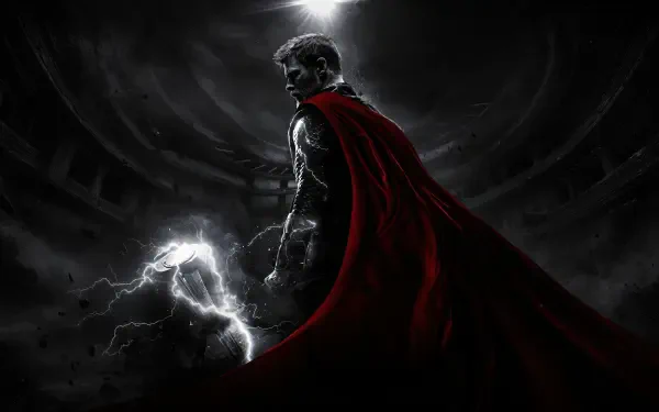 Dark digital art 4K Ultra HD PC desktop wallpaper: Thor stands in a ruined circular arena, red cape flowing as lightning crackles from his hammer.