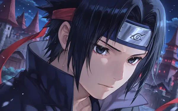 Sasuke Uchiha from Naruto, close-up moody portrait with Konoha headband, red ribbon and night village lights — 4K Ultra HD PC desktop wallpaper.
