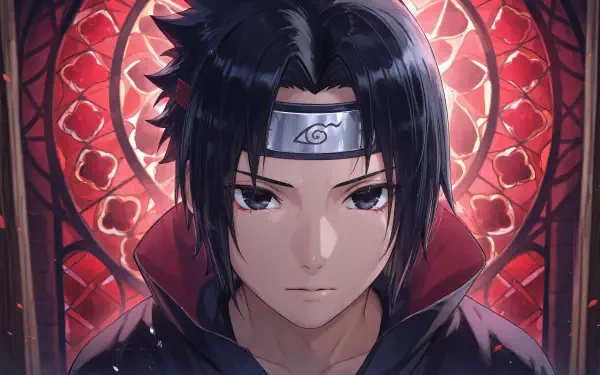 4K Ultra HD PC wallpaper of Sasuke Uchiha (Naruto): stoic close-up with dark hair and forehead protector set against an ornate red circular stained-glass background.