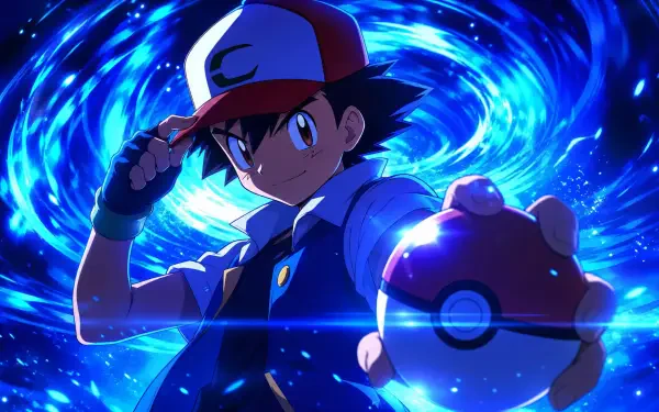 4K Ultra HD PC desktop wallpaper of Ash Ketchum (Pokémon anime) in a battle pose, holding a Poké Ball before a swirling blue energy vortex.