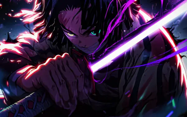 4K Ultra HD anime PC wallpaper of Tanjiro Kamado wielding a glowing Nichirin blade, fierce gaze, neon purple and teal lighting, and dramatic action pose.