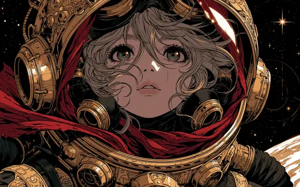 Anime girl astronaut with ornate golden helmet and flowing red scarf, gazing into space — detailed 2K Quad HD PC desktop wallpaper/background.