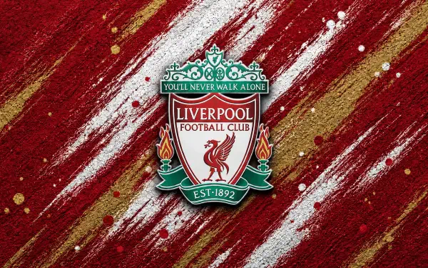 Liverpool F.C. logo (crest) centered on textured red, white, and gold brushstroke background — 4K Ultra HD PC desktop wallpaper