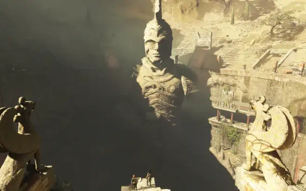 Resonance: A Plague Tale Legacy 2K Quad HD PC wallpaper — a towering armored statue emerges from a dark chasm amid cliffside medieval structures and stone guardians.