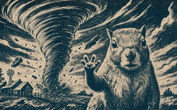 4K Ultra HD PC desktop wallpaper: Tornado Squirrel — a bold squirrel in the foreground raising a paw as a massive tornado rips through a rural farmhouse and windmills.