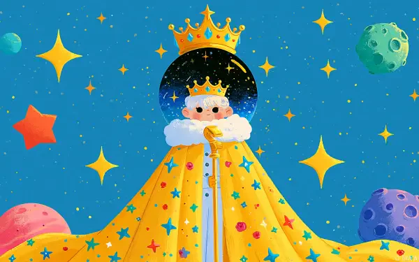 Fantasy prince-king wearing a golden crown and starry royal cloak, set against colorful planets and sparkling stars — 2K Quad HD PC desktop wallpaper background.