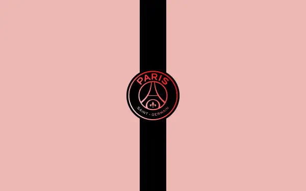 2K Quad HD PC desktop wallpaper: minimal pink background with a central black vertical stripe and a centered Paris Saint-Germain F.C. round black-and-pink logo.