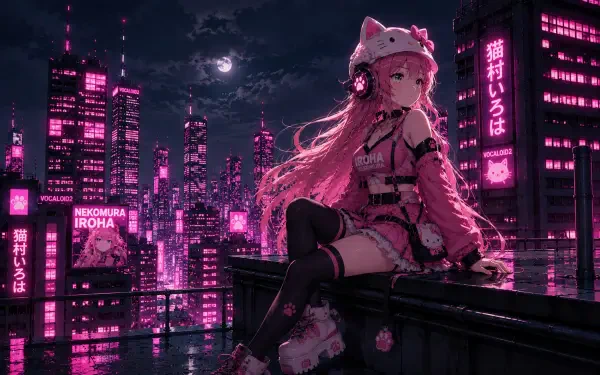Nekomura Iroha anime on a rooftop in a neon pink cyberpunk city at night, wearing headphones and a cat‑ear hood — 4K Ultra HD PC desktop wallpaper/background.