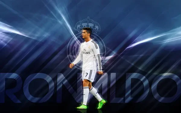 HD desktop wallpaper of a soccer player in a Real Madrid C.F. white #7 kit walking across a dark, blue-lit abstract stadium background.