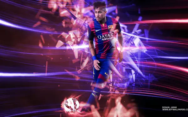 HD PC desktop wallpaper: a dynamic soccer forward in FC Barcelona kit dribbling amid neon shards and streaking motion trails, vivid blue and red background.