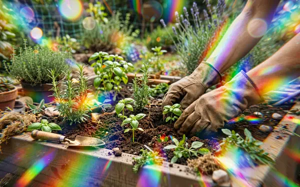 Gloved hands planting a seedling among herbs with rainbow prism bokeh — gardening, seedling, hand; 4K Ultra HD PC desktop wallpaper and background.
